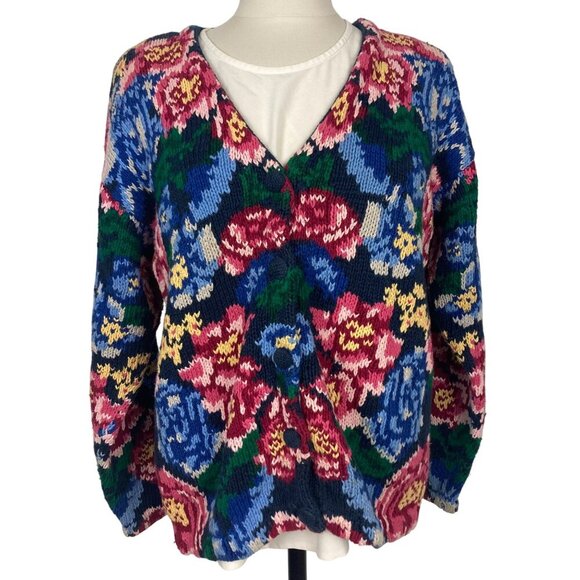 The Eagle's Eye Sweaters - Vintage The Eagles Eye Hand Knit Floral Cardigan Sweater Large Black Pink Bold